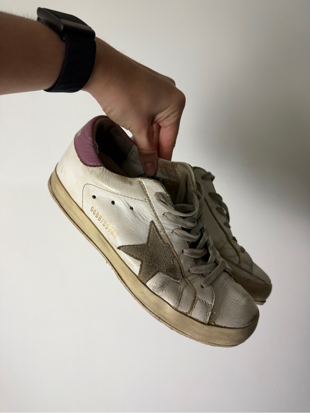 Golden Goose White Leather Sneakers with Beige Star and Pink Heel